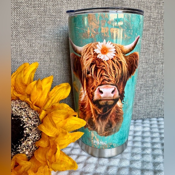 New Highland Cow Stainless Steel Metal Aqua Blue Travel Mug Cup Tumbler 20oz. - Picture 1 of 8